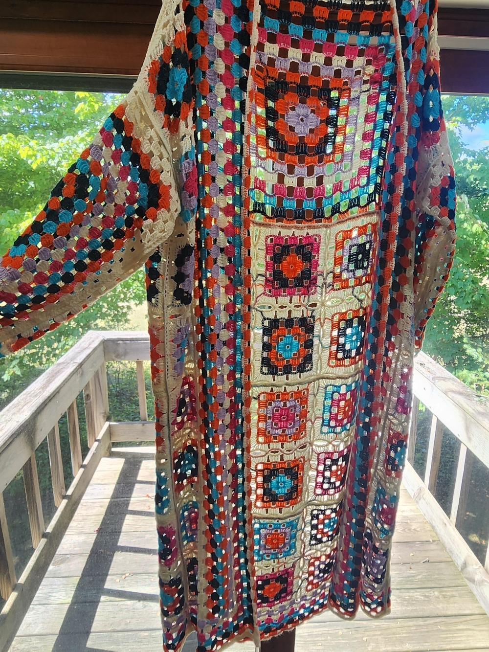 Boho Crochet Longline Cardigan Sweater - Multicolor